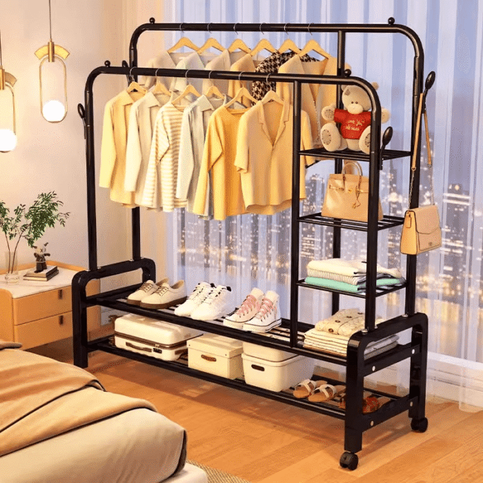 Porte-vêtements multifonction avec étagères et roulettes 58kg - Image 2